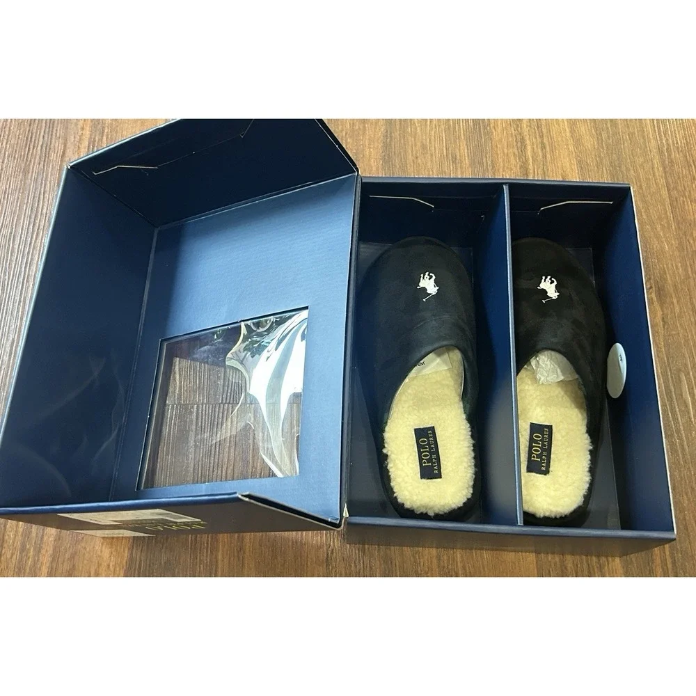 Polo Ralph Lauren Men's Klarence Scuff Slippers Black, White Pony Sz 8 New